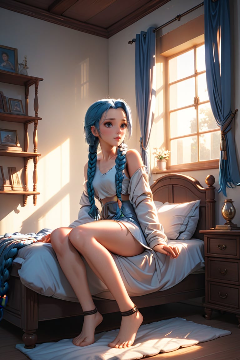 Jinxkaryln, (masterpiece), (cinematic), Bed room, photorealistic, old color photo, sit on bed, straight view, romantic, cozy, chill, long hair, braid, sun light, window, light beam, ambient light