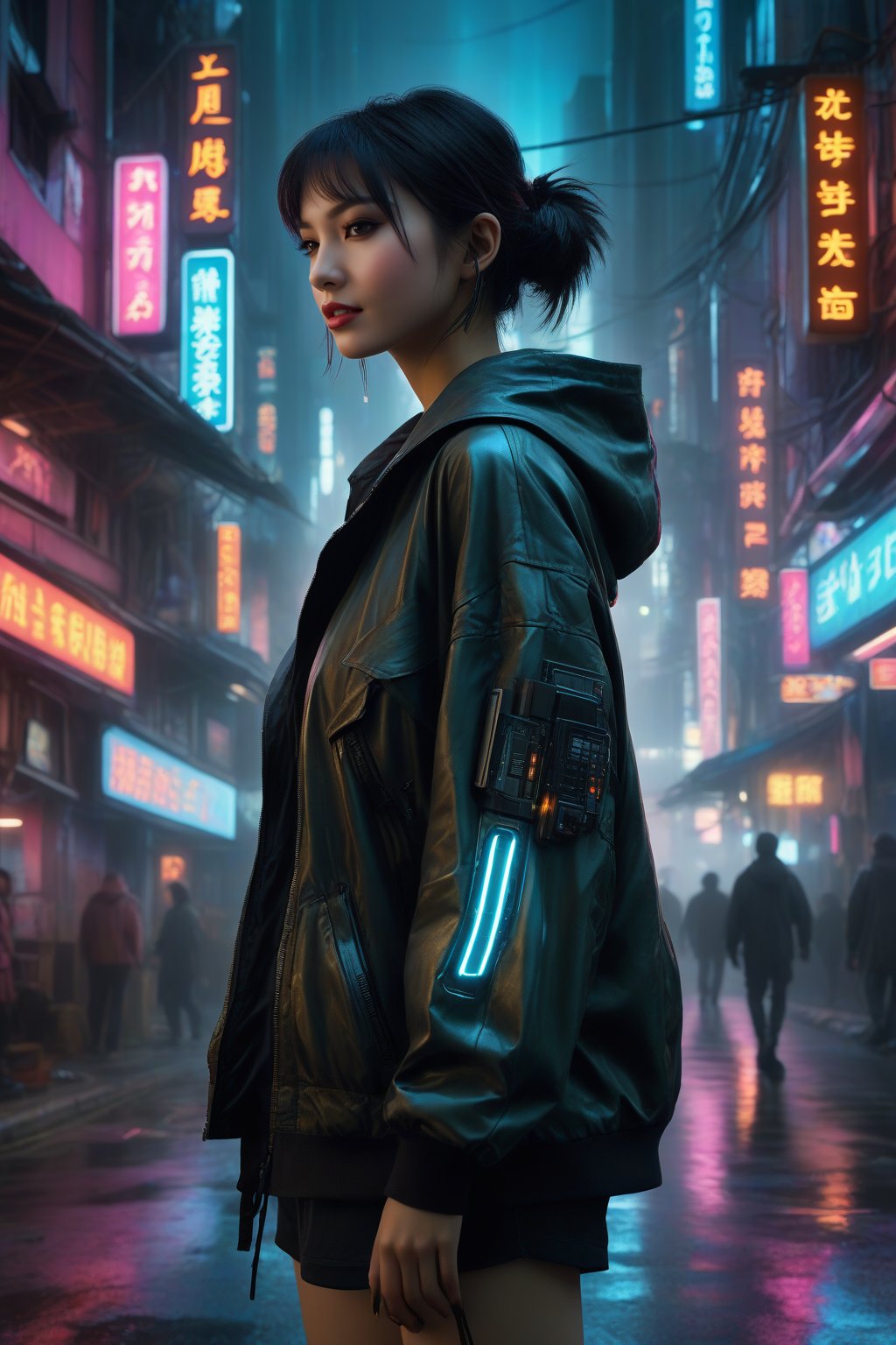 Score_9, Score_8_up, Score_7_up, Score_6_up, Score_5_up, Score_4_up, masterpiece, best quality, ultra-detailed, photorealistic, 
BREAK
FuturEvoLabGirl, FuturEvoLab-Cyberpunk, 
BREAK
1girl, beautiful Asian girl, cyberpunk girl, futuristic, neon lights, (cool:1.2), (techwear:1.4), (cyborg:1.5), (detailed:1.3), (cityscape:1.1), (high-tech:1.3), urban, (dark:0.8), (glowing:1.2), (mysterious:1.2), (vibrant colors:1.4), (high contrast:1.1), street, (dynamic:1.2), (electronic:1.3), edgy, (cybernetic:1.5), (gothic:0.7), Blade Runner, 
photorealism, digital art, cinematic, Gregory Crewdson