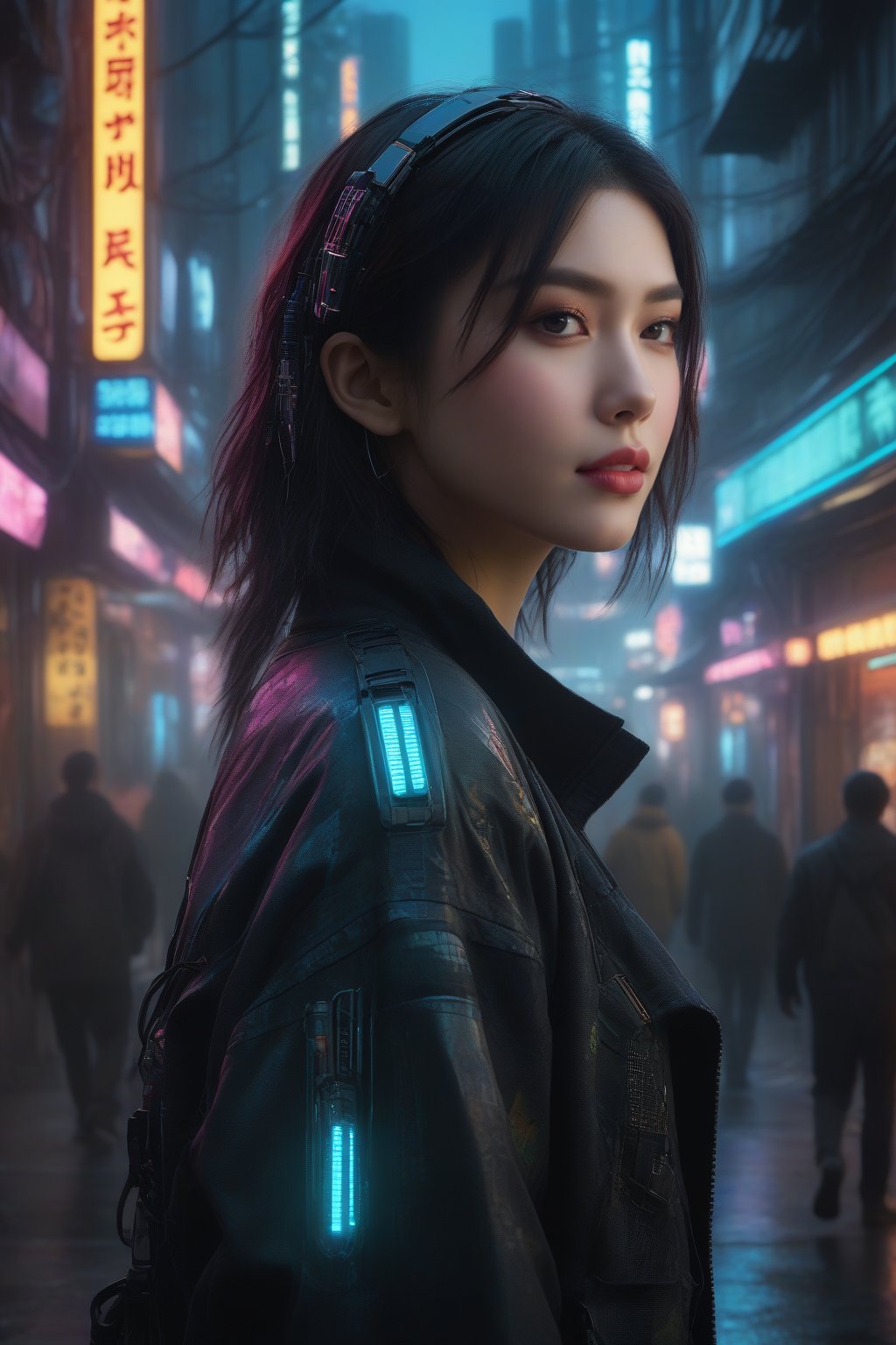 Score_9, Score_8_up, Score_7_up, Score_6_up, Score_5_up, Score_4_up, masterpiece, best quality, ultra-detailed, photorealistic, 
BREAK
FuturEvoLabGirl, FuturEvoLab-Cyberpunk, 
BREAK
1girl, beautiful Asian girl, cyberpunk girl, futuristic, neon lights, (cool:1.2), (techwear:1.4), (cyborg:1.5), (detailed:1.3), (cityscape:1.1), (high-tech:1.3), urban, (dark:0.8), (glowing:1.2), (mysterious:1.2), (vibrant colors:1.4), (high contrast:1.1), street, (dynamic:1.2), (electronic:1.3), edgy, (cybernetic:1.5), (gothic:0.7), Blade Runner, 
photorealism, digital art, cinematic, Gregory Crewdson