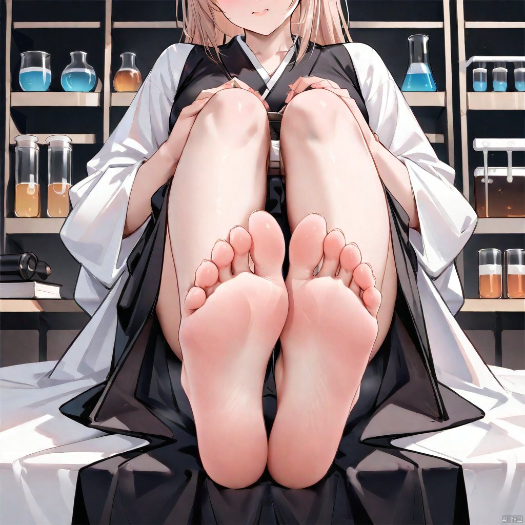 Soles, foot close-up, (masterpiece), soles, (black Hanfu: 1.2), laboratory background, body, bare feet, lifted legs, bare feet, facing the audience, feet facing down, bare feet, opaque clothing, bare feet, soles