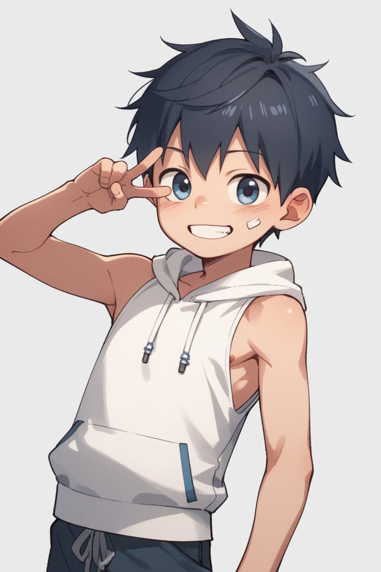 score_9,score_8_up,score_7_up,score_6_up,score_5_up,simple background,wool-bl,BREAK
solo,1boy\( shota \),clothes\(back sleeveless_hoodie\),
v, smile,