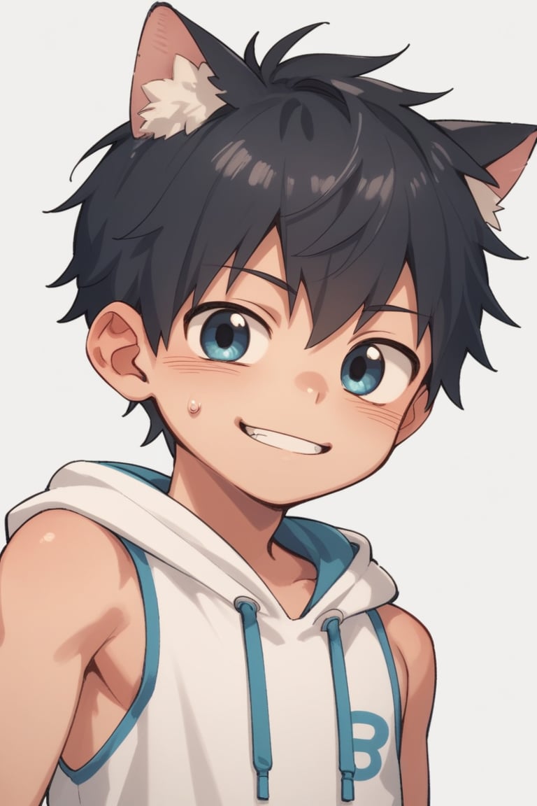 score_9,score_8_up,score_7_up,score_6_up,score_5_up,simple background,wool-bl,BREAK
solo,1boy\( shota, cat ears \),clothes\(back sleeveless_hoodie\),
v, smile,