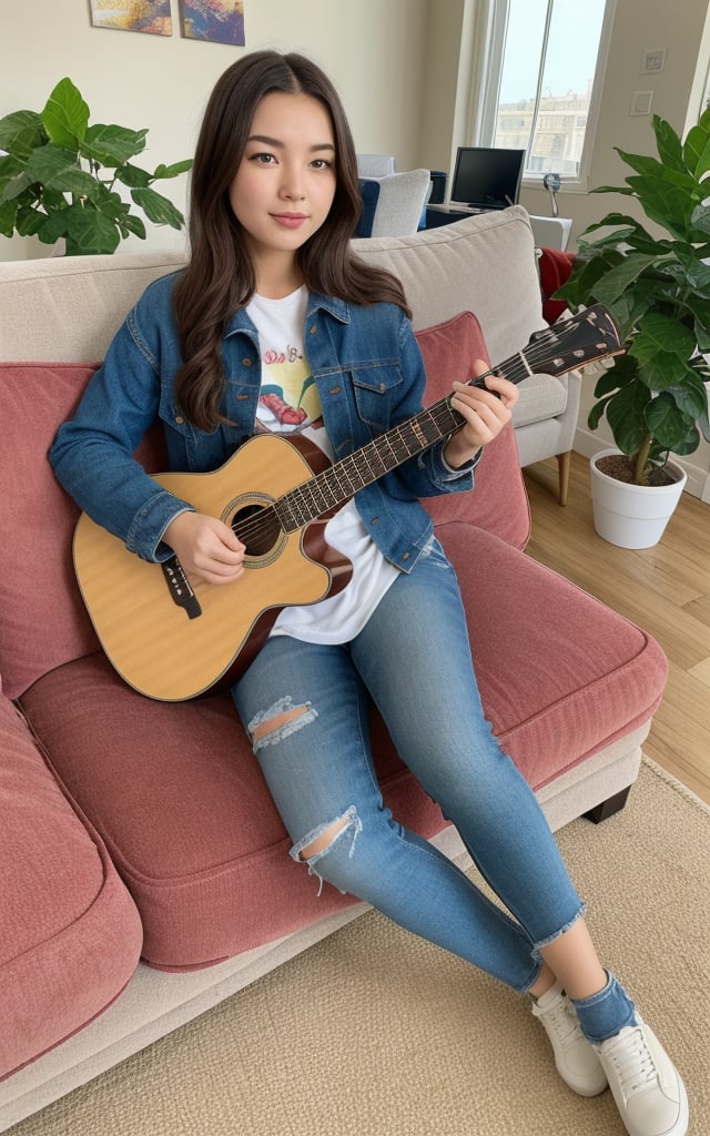 photo of a girl, high-resolution,wearing a casual outfit, holding a guitary, in a living room, sitting on a couch, looking at viewer