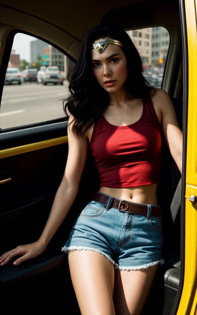 Fashion Photo. Portrait of Wonder Woman wearing denin shorts, midriff, inside a taxi cab. Canon 5d Mark 4, Kodak Ektar