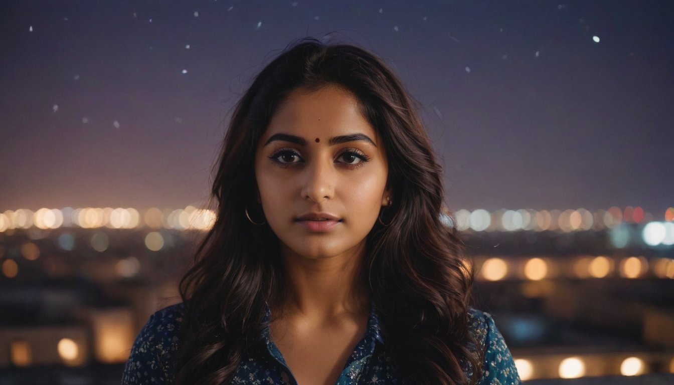 cinematic still {**Medium shot** of Ramandeep Kaur on a rooftop, looking out at the horizon.} . emotional, harmonious, vignette, highly detailed, high budget, bokeh, cinemascope, moody, epic, gorgeous, film grain, grainy