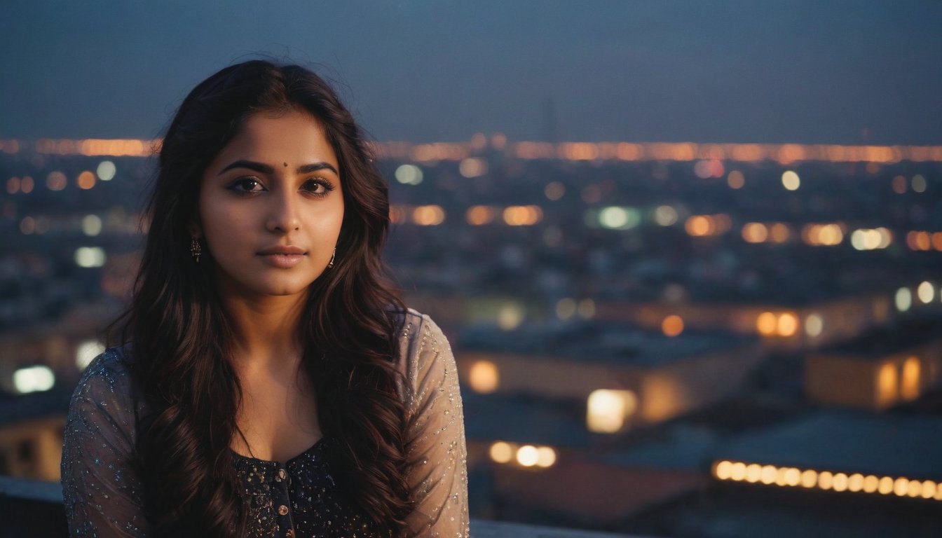 cinematic still {**Medium shot** of Ramandeep Kaur on a rooftop, looking out at the horizon.} . emotional, harmonious, vignette, highly detailed, high budget, bokeh, cinemascope, moody, epic, gorgeous, film grain, grainy