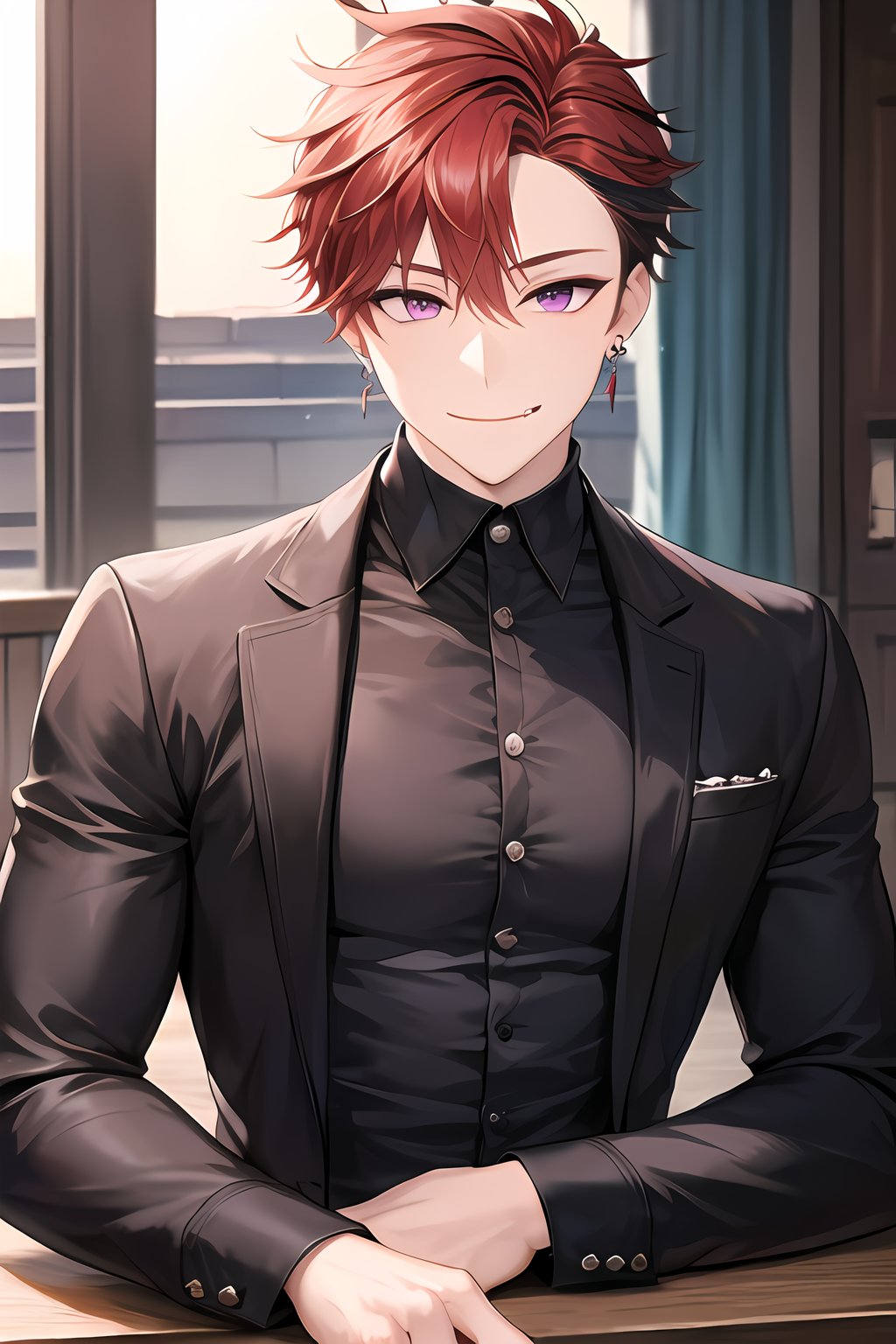 masterpiece, best quality, Looking at viewer, male_focus, ,upper body,  indoors, 

,Kibera,red hair,purple eyes,earrings,two-tone hair,
evil_smile, black hair, dress_shirt, closed_mouth,spiked_hair,