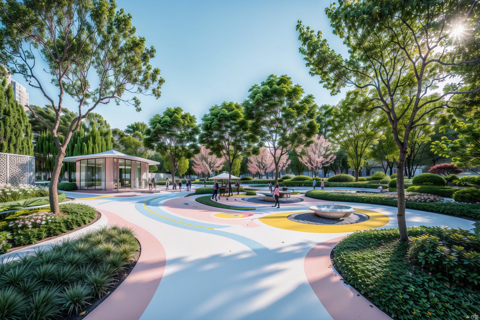 (pink ground:1.5),(white line:1.5),wooden platform, blue road,day,tree,sunlight,HDR,UHD,8K,best quality,masterpiece,Highly detailed,Studio lighting,sharp focus,HDR-based rendering,extreme-description,Beautiful composition,a peaceful atmosphere,advanced sense,Comfortable scale,creative layout,gravel,Rich plant groupings,Richly layered space with plenty of functional space,Best Lighting,(colourful line:1.5)