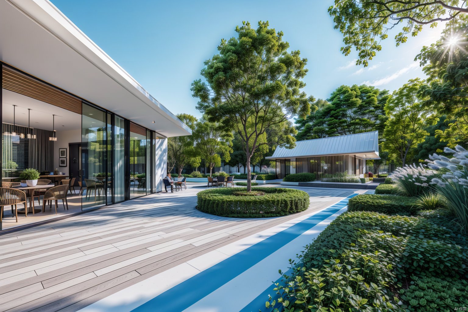 (red ground:1.5),(white line:1.5),wooden platform, blue road,day,tree,sunlight,HDR,UHD,8K,best quality,masterpiece,Highly detailed,Studio lighting,sharp focus,HDR-based rendering,extreme-description,Beautiful composition,a peaceful atmosphere,advanced sense,Comfortable scale,creative layout,gravel,Rich plant groupings,Richly layered space with plenty of functional space,Best Lighting,(colourful line:1.5)