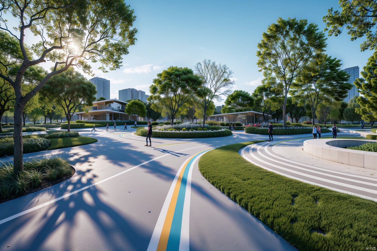 (red ground:1.5),(white line:1.5),wooden platform, blue road,day,tree,sunlight,HDR,UHD,8K,best quality,masterpiece,Highly detailed,Studio lighting,sharp focus,HDR-based rendering,extreme-description,Beautiful composition,a peaceful atmosphere,advanced sense,Comfortable scale,creative layout,gravel,Rich plant groupings,Richly layered space with plenty of functional space,Best Lighting,(colourful line:1.5)