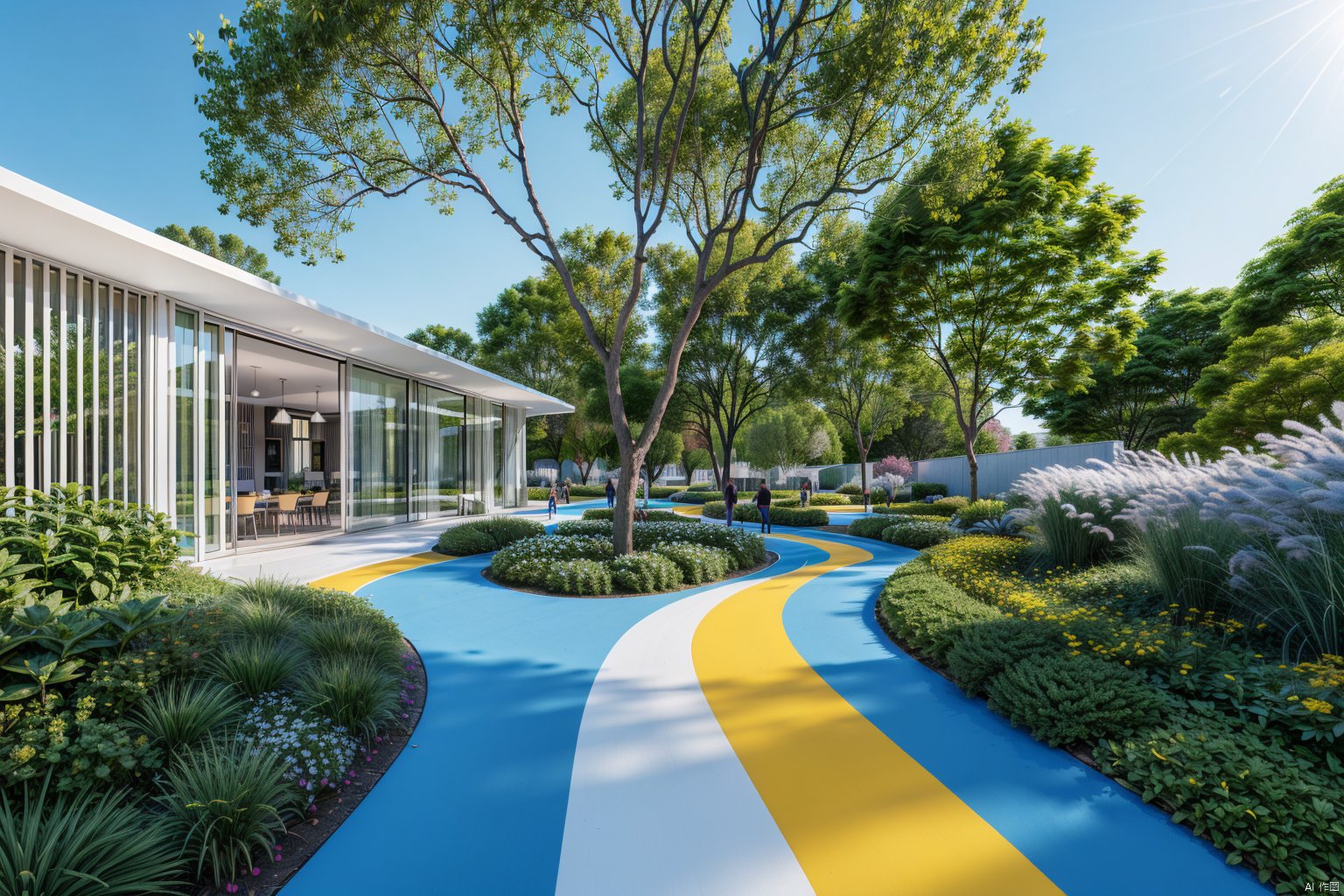 (colourful ground:1.5),(white line:1.5),blue road,day,tree,sunlight,HDR,UHD,8K,best quality,masterpiece,Highly detailed,Studio lighting,sharp focus,HDR-based rendering,extreme-description,Beautiful composition,a peaceful atmosphere,advanced sense,Comfortable scale,creative layout,gravel,Rich plant groupings,Richly layered space with plenty of functional space,Best Lighting,(colourful line:1.5)