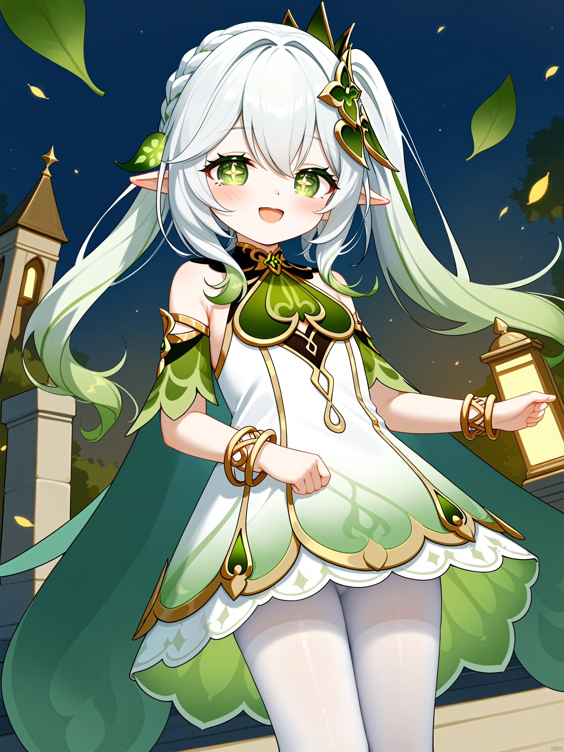 Best-A,b19d1dd7,Best-A,1girl, bare_shoulders, blush, bracelet, braid, breasts, cape, b19d1dd7, crown_braid, detached_sleeves, dress, genshin_impact, gradient_hair, green_cape, green_eyes, green_hair, hair_ornament, highres, jewelry, leaf_hair_ornament, long_hair, looking_at_viewer, multicolored_hair, nahida_\(genshin_impact\), open_mouth, outdoors, pantyhose, pointy_ears, side_ponytail, sidelocks, sleeveless, sleeveless_dress, small_breasts, smile, solo, symbol-shaped_pupils, thighs, white_dress, white_hair, white_pantyhose