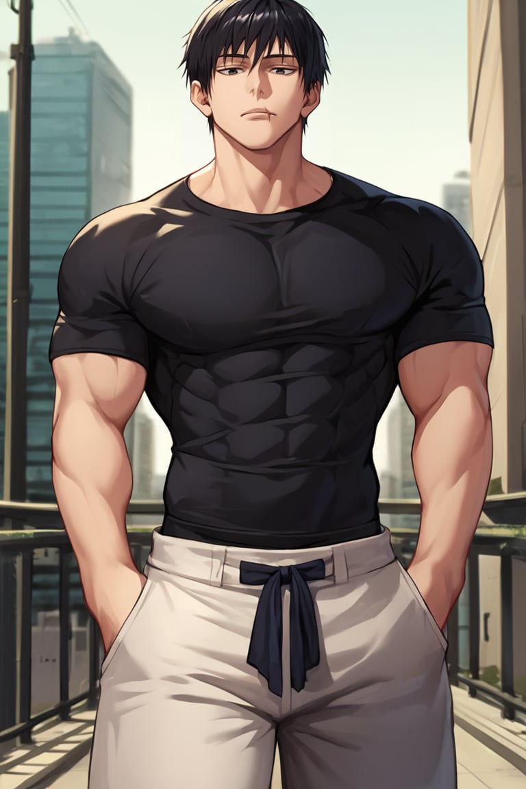 Source_anime, Rating_questionnable, Score_9, score_8_up, score_7_up, score_6_up, score_5_up, score_4_up, 1boy, solo ,t0j1, black hair, huge muscles, short hair,  fringe, black eyes, scar on lip,   black t-shirt, white pants, outdoors, city, expressionless hands on pockets, facing viewer 