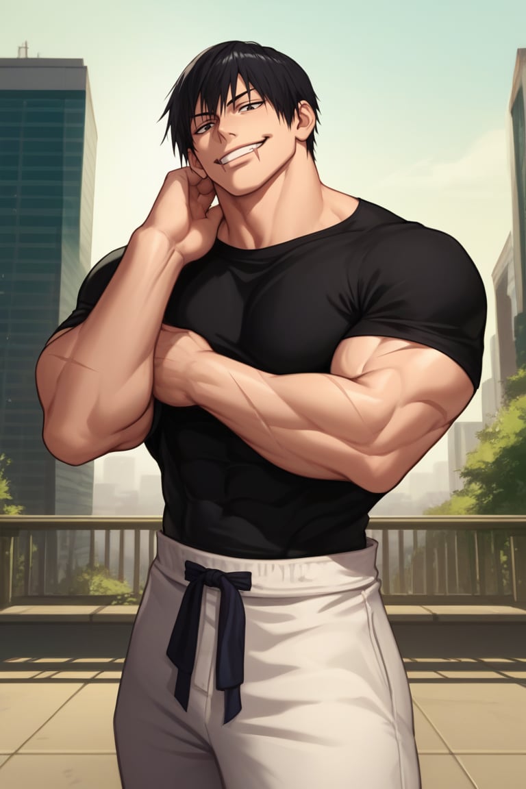 Source_anime, Rating_questionnable, Score_9, score_8_up, score_7_up, score_6_up, score_5_up, score_4_up, 1boy, solo ,t0j1, black hair, huge muscles, short hair,  fringe, black eyes, scar on lip,   black t-shirt, white pants, outdoors, city, evil grin,