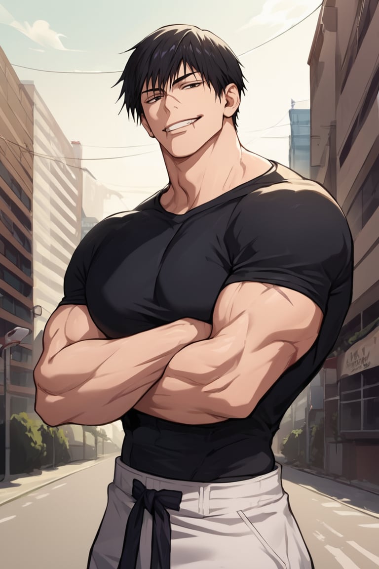 Source_anime, Rating_questionnable, Score_9, score_8_up, score_7_up, score_6_up, score_5_up, score_4_up, 1boy, solo ,t0j1, black hair, huge muscles, short hair,  fringe, black eyes, scar on lip,   black t-shirt, white pants, outdoors, city, grin, arrogant, holding, sword, facing viewer 