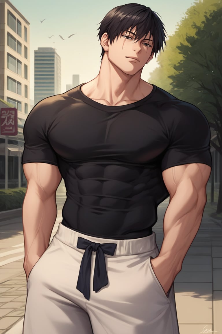 Source_anime, Rating_questionnable, Score_9, score_8_up, score_7_up, score_6_up, score_5_up, score_4_up, 1boy, solo ,t0j1, black hair, huge muscles, short hair, scar, fringe, black eyes, scar on face, muscular,  black t-shirt, white pants, outdoors, city, 