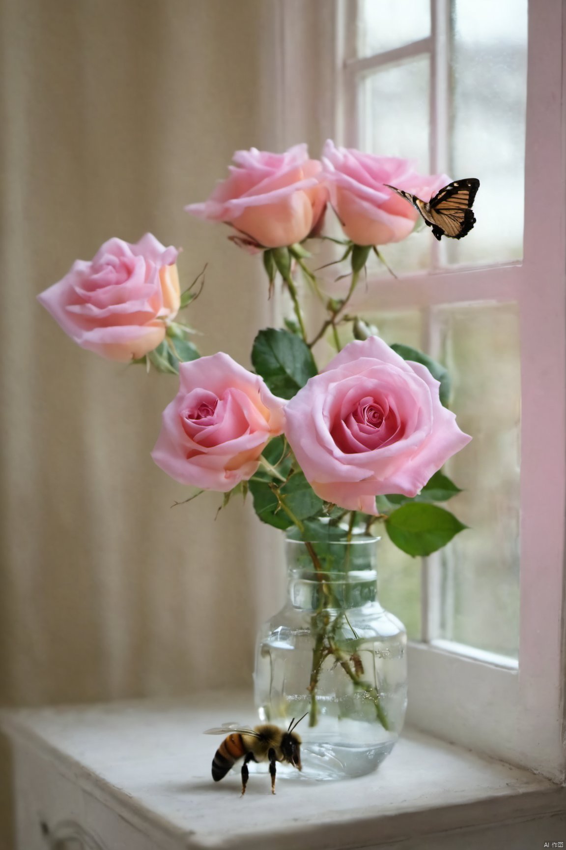  X-Rose,rose,vase, window, bee, butterfly