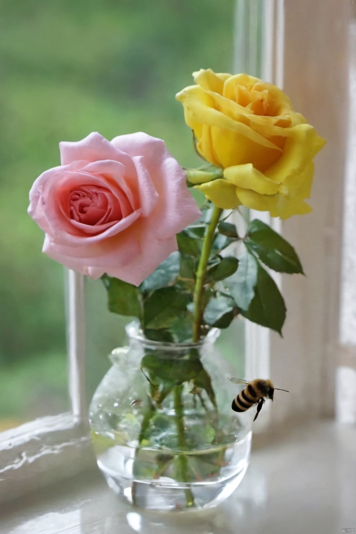  X-Rose,rose,vase, window, bee, butterfly