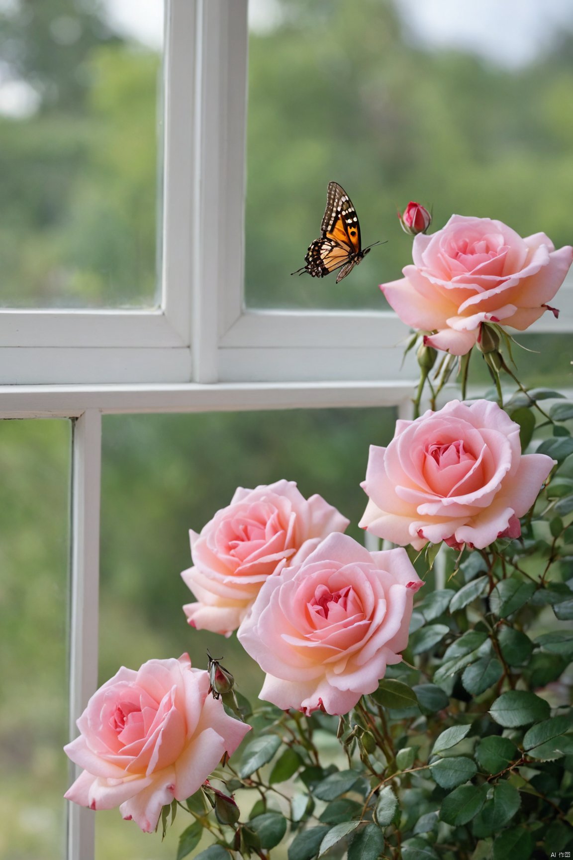  X-Rose,rose,vase, window, bee, butterfly