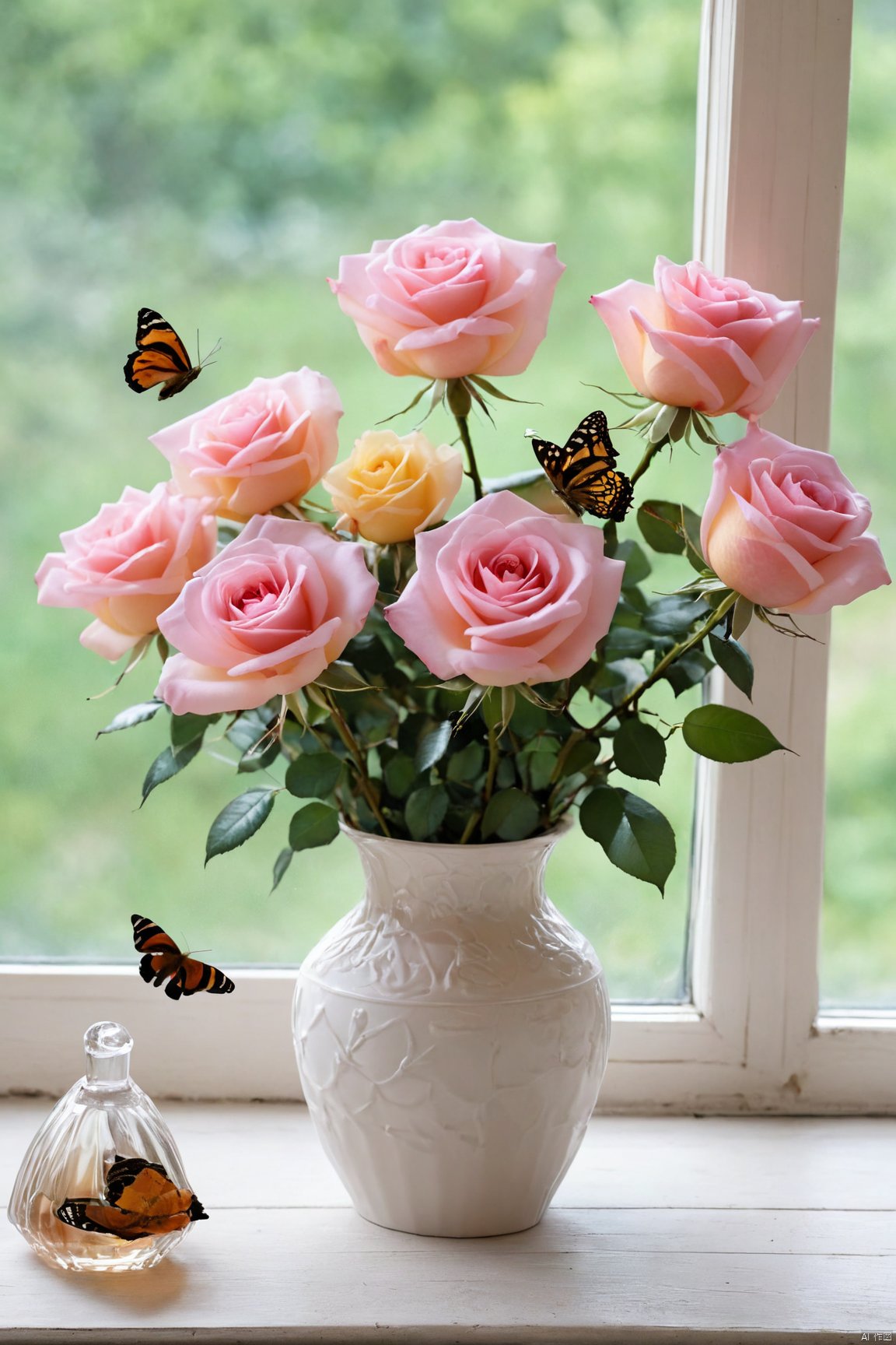  X-Rose,rose,vase, window, bee, butterfly