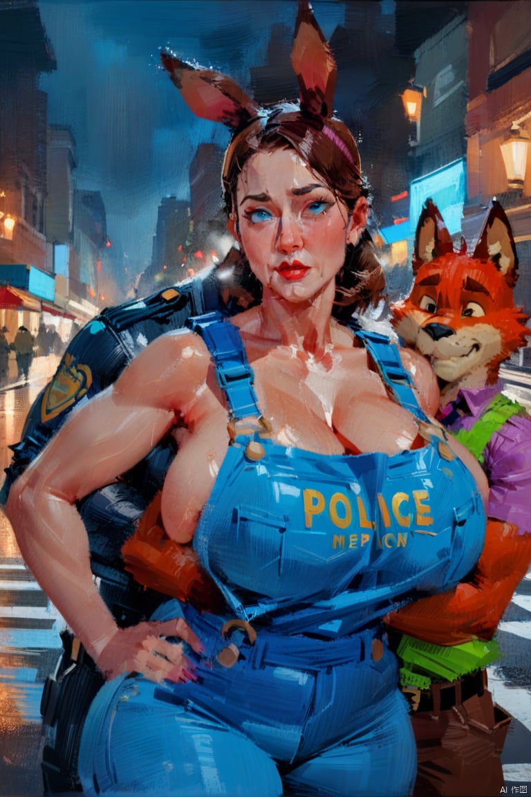 oil_painting, oil-painting-style,(masterpiece, best quality),
1girl, judy hopps, bunny girl, 1boy, fox boy, nick wilde,  ((Judy Hopps hugging muscular nick wilde)), Zootopia, mature, mature female, MILF, (ultra HD quality details), blue eyes,  police uniform, outdoors, city street, rainy night, horny, seductive, inviting to sex, huge breasts, perky breasts, gigantic hips and thighs, larger male, 
OverallDetail,