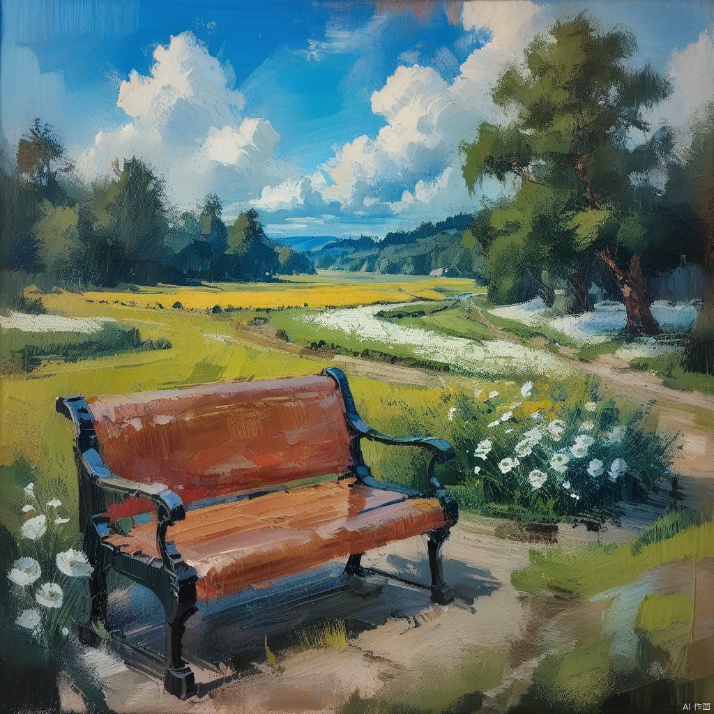 oil_painting, oil-painting-style,scenery, outdoors, no humans, flower, sky, cloud, day, grass, tree, bench, field, white flower, blue sky, cloudy sky, nature