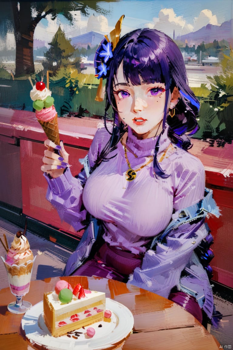 oil_painting, oil-painting-style,(masterpiece, best quality),
macaron, 1girl, food, wagashi, solo, raiden shogun, purple skirt, dango, sweater, purple eyes, braided ponytail, mole under eye, purple hair, skirt, pantyhose, ice cream, turtleneck, hair ornament, sitting, sanshoku dango, tomoe \(symbol\), breasts, jewelry, long hair, parfait, braid, looking at viewer, mitsudomoe \(shape\), sweets, holding, necklace, bangs, mole, ice cream cone, purple nails, earrings, purple jacket, long sleeves, open clothes, bag, turtleneck sweater, open jacket, off shoulder, black pantyhose, nail polish, jacket, outdoors, hair flower, day, cake, flower, large breasts, very long hair, alternate costume, ribbed sweater, table, dessert, chair, purple flower, sleeves past wrists, parted lips, open mouth, holding food, purple sweater, knees together feet apart, tree