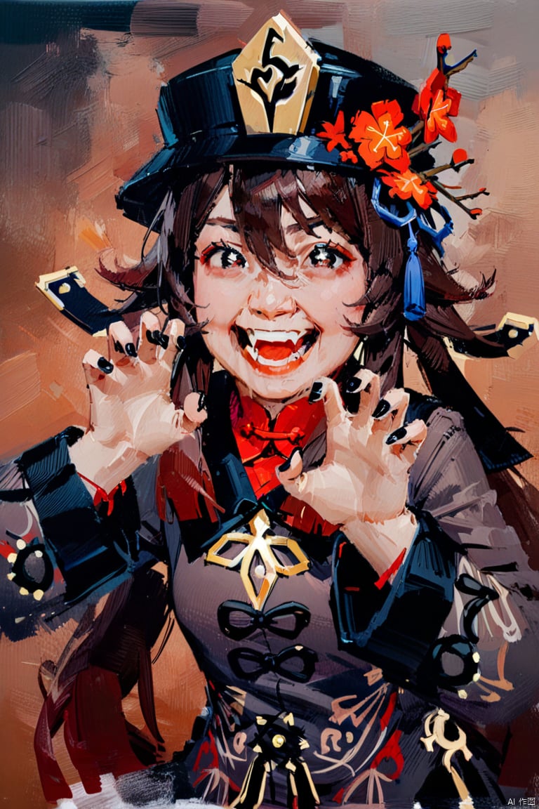 oil_painting, oil-painting-style,(masterpiece, best quality),
full shot, chibi, grimaces, emoji, frightening, 1girl, solo, long hair, looking at viewer, smile, open mouth, bangs, simple background, brown hair, long sleeves, hat, hair between eyes, twintails, flower, :d, chibi, nail polish, black eyes, black headwear, chinese clothes, black nails, hat ornament, emphasis lines, hat flower, claw pose, hu tao \(genshin impact\),