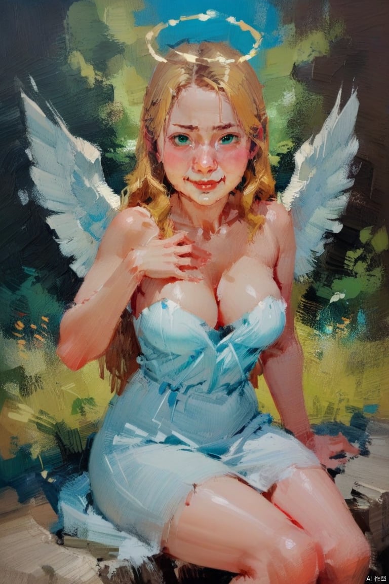  oil_painting, oil-painting-style,(masterpiece, best quality),
1girl angel with 2 large angel wings and a halo, perfect curves, wearing a white dress, strapless, suggestive pose, romantic, solo, detailed eyes, looking at viewer, sitting on a rock, forest, nature, forest meadow, beautiful, looking at viewer, embarrassed, medium breasts, fantasy, from front, looking at viewer playfully, naughty, smirk, romantic, (blonde hair, mid parted hair, straight hair, long hair:1.2), pronounced blush, beautiful green eyes,