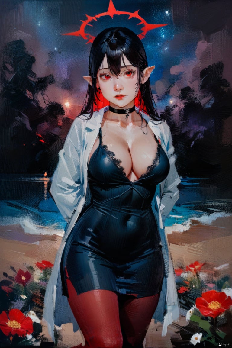 oil_painting, oil-painting-style,(masterpiece, best quality),
1girl,(straight hair,Black hair,long hair,colored inner hair,hair between eyes),red eyes,beautiful eyes,(Red Thorn Halo),Bat wings,pointy ears,large breasts,Thorax, cleavage, clavicle,black choker,black nightgown,jacket,black pantyhose,night, stars, on the beach,arms behind back ,night, stars,Starlight, Milky Way, Universe, Planet,Flower bed, black flowers, red flowers, white flowers