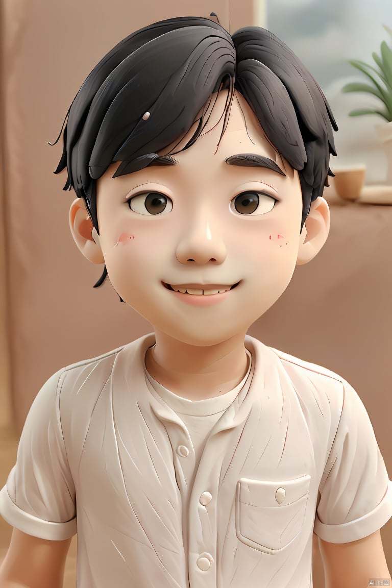 1boy,black hair,smile,cute,short hair,delicate facial features,full body,white shirt,simple background,clay,3D clay,best quality,Ultra HD,Ultra Details,masterpiece,