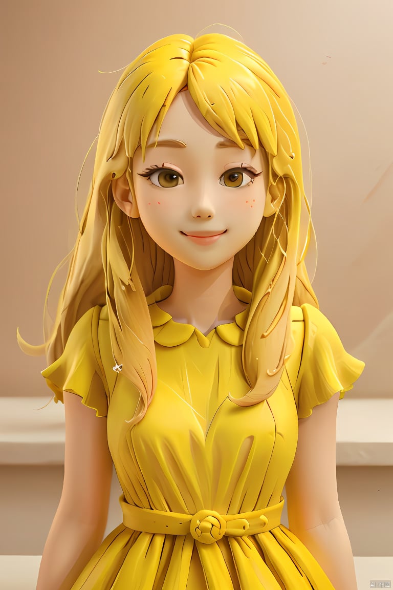  1girl,blonde hair,smile,cute,air bangs,long hair,delicate facial features,upper body,yellow dress,simple background,clay,3D clay,best quality,Ultra HD,Ultra Details,masterpiece,