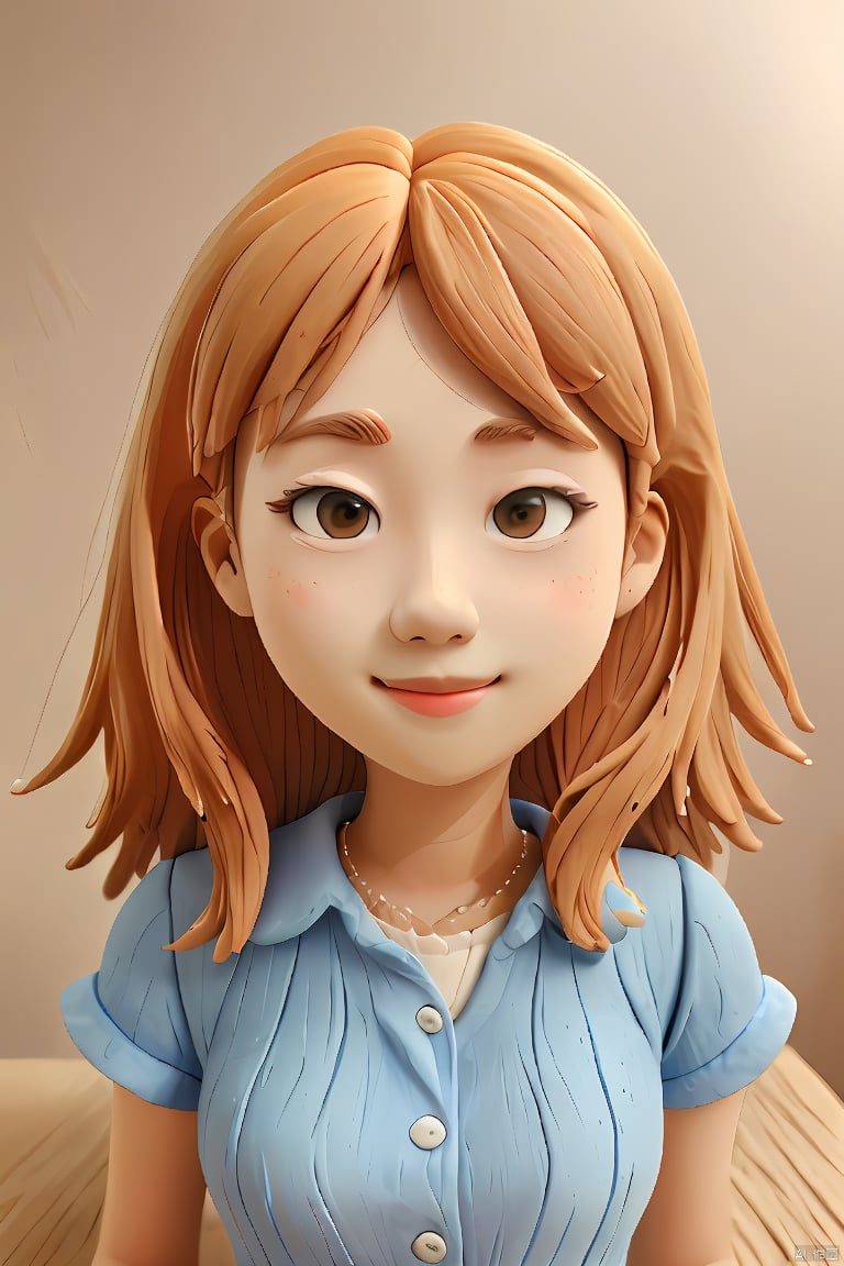  1girl,blonde hair,smile,cute,air bangs,long hair,delicate facial features,upper body,blue shirt,simple background,clay,3D clay,best quality,Ultra HD,Ultra Details,masterpiece,