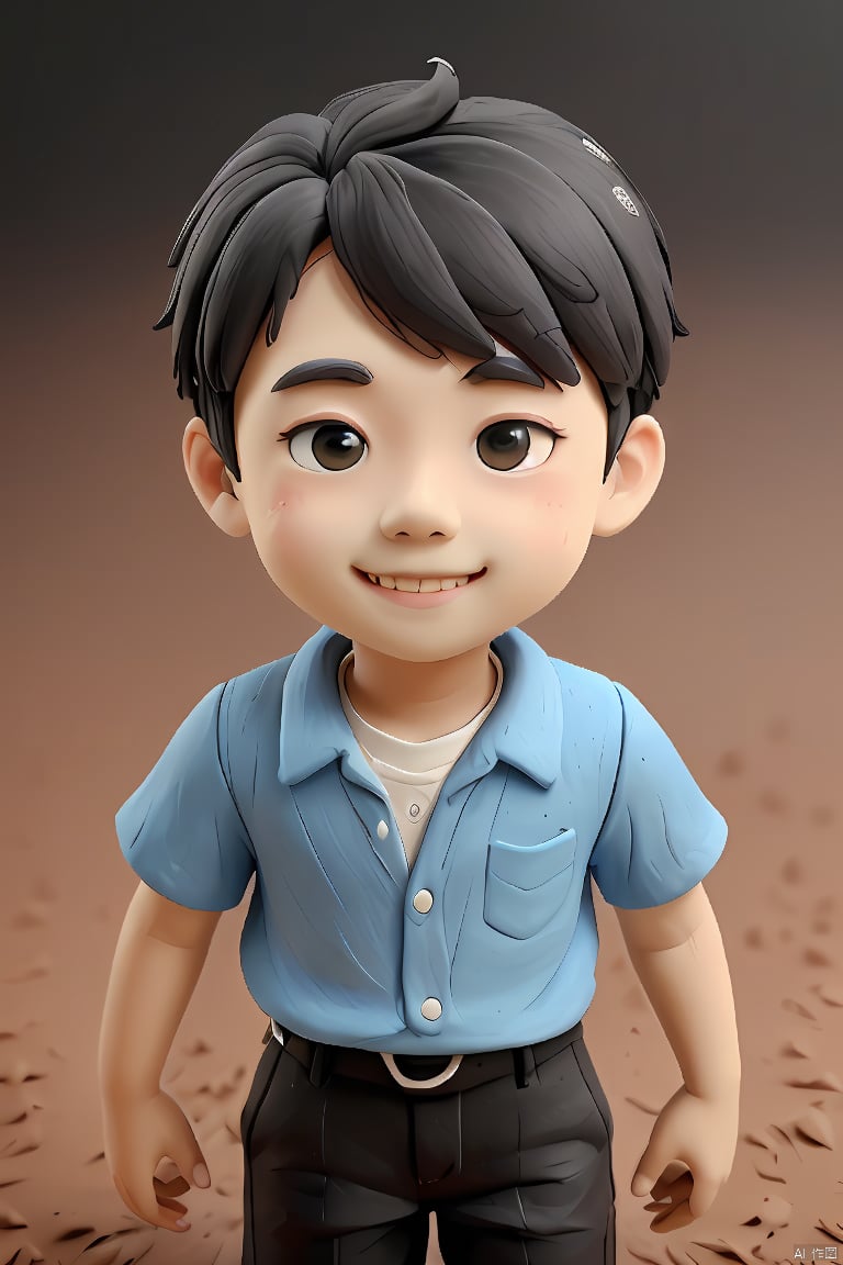  1boy,blavk hair,smile,cute,short hair,delicate facial features,full body,blue shirt,black pants,simple background,clay,3D clay,best quality,Ultra HD,Ultra Details,masterpiece,