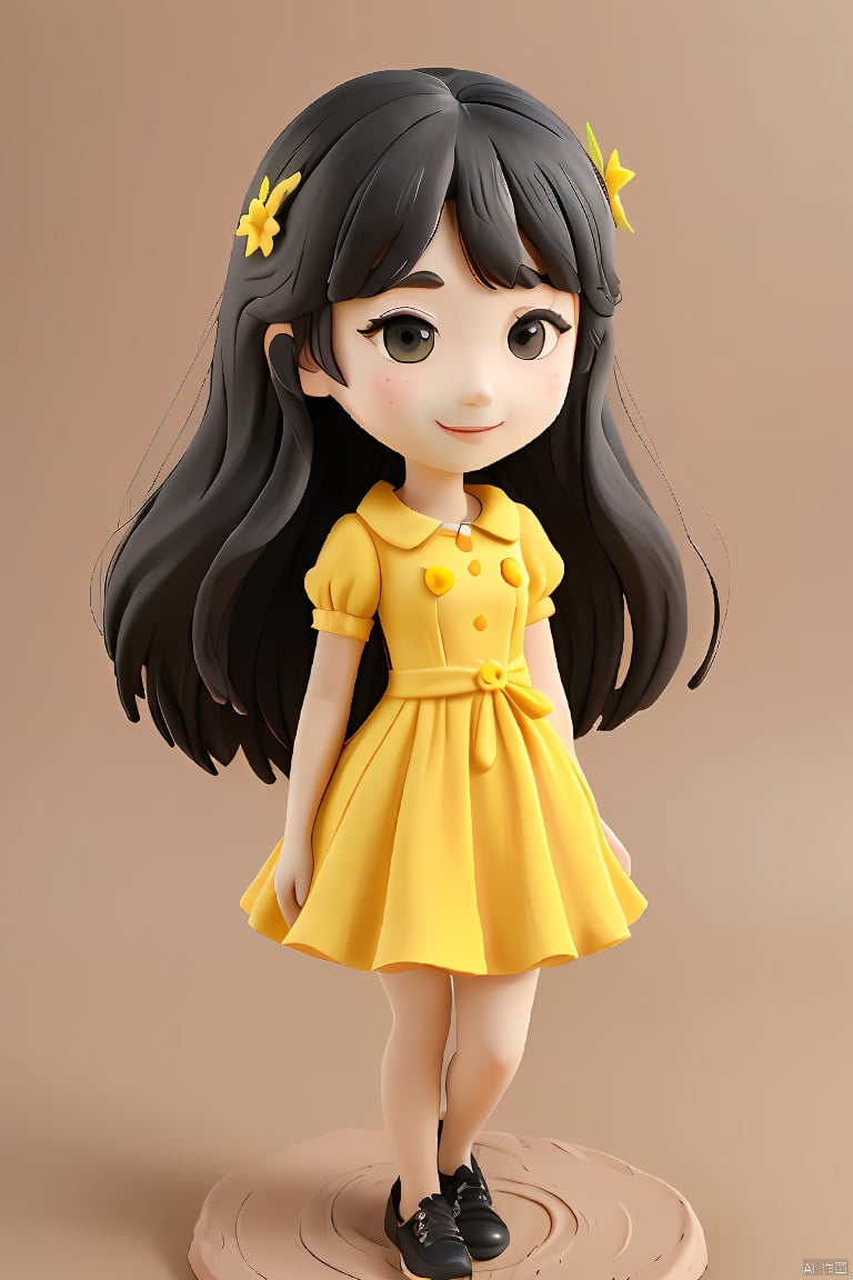  1girl,black hair,smile,cute,air bangs,long hair,delicate facial features,full body,yellow dress,simple background,clay,3D clay,best quality,Ultra HD,Ultra Details,masterpiece,