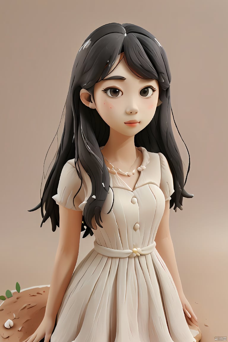 1girl,black hair,air bangs,short neck,long hair,delicate facial features,full body,white dress,simple background,clay,3D clay,best quality,Ultra HD,Ultra Details,masterpiece,