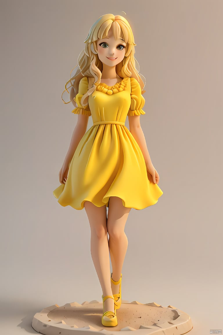  1girl,blonde hair,smile,cute,air bangs,long hair,delicate facial features,full body,yellow dress,simple background,clay,3D clay,best quality,Ultra HD,Ultra Details,masterpiece,