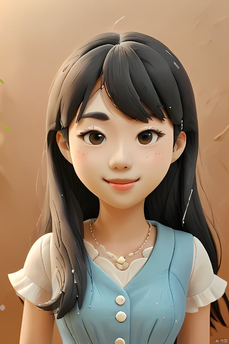  1girl,black hair,smile,cute,air bangs,short neck,long hair,delicate facial features,full body,blue dress,simple background,clay,3D clay,best quality,Ultra HD,Ultra Details,masterpiece,