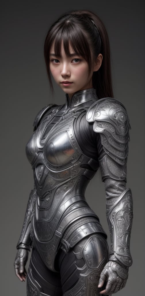 (high quality), (masterpiece), (detailed), 8K, Hyper-realistic illustration depicts (Japanese girl1.3) with intricate (LED armor1.4) adorning her upper body, showcasing a fusion of traditional and futuristic elements. Inspired by the style of Hajime Sorayama, trending on Artstation.