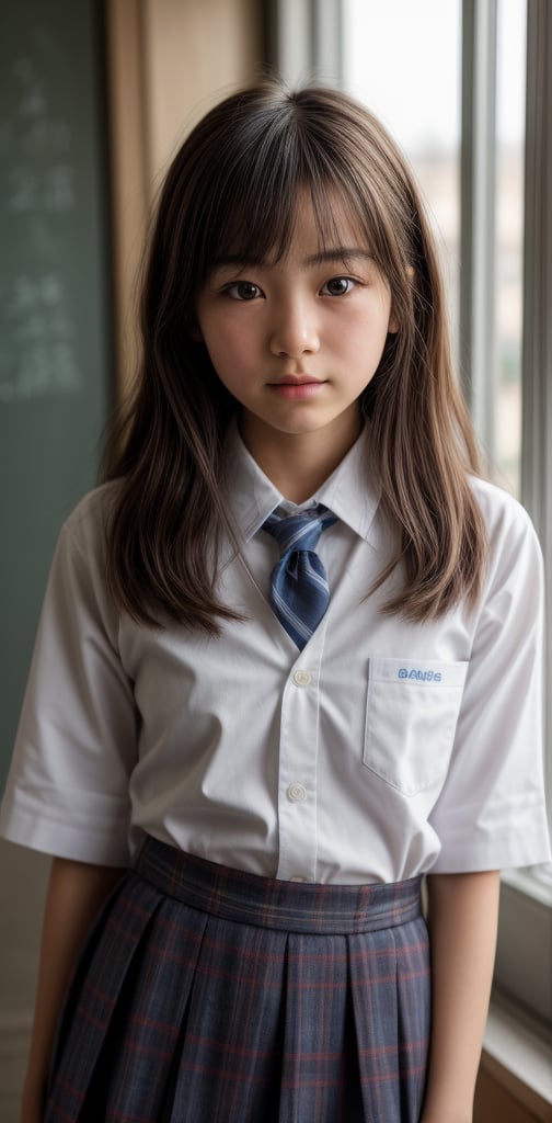 full color portrait of a young Japanese girl, school_uniforms , natural light, RAW photo, subject, 8k uhd, dslr, soft lighting, high quality, film grain, Fujifilm XT3