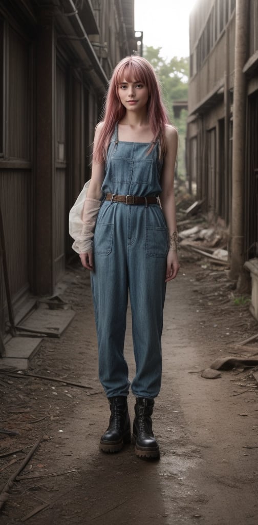 masterpiece, photography of ((cute girl)), 
blue jumpsuit, belt, brown footwear, boots,
pink hair color, long hair,
from forward, 
outdoors, day, sunlight, post apocalyptic background,
,fashion