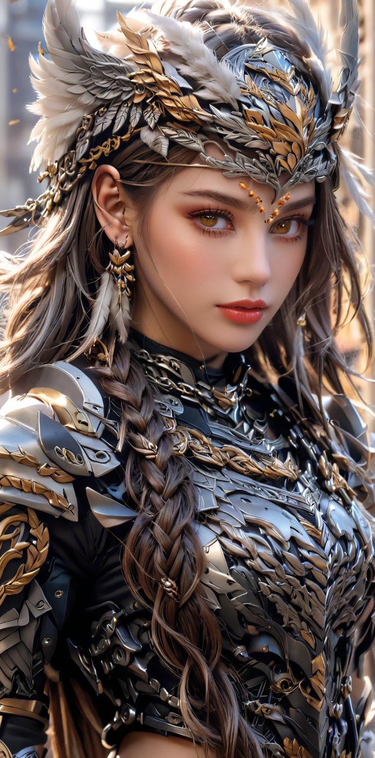 1girl, solo, long hair, looking at viewer, brown hair, hair ornament, brown eyes, jewelry, closed mouth, upper body, braid, grey hair, earrings, necklace, armor, blurry, lips, tattoo, blurry background, helmet, feathers, headpiece, valkyrie