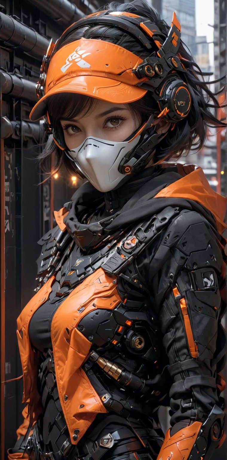 1girl, solo, looking at viewer, short hair, black hair, hat, jacket, upper body, hood, black eyes, mask, helmet, mouth mask, orange headwear, orange theme, cyberpunk