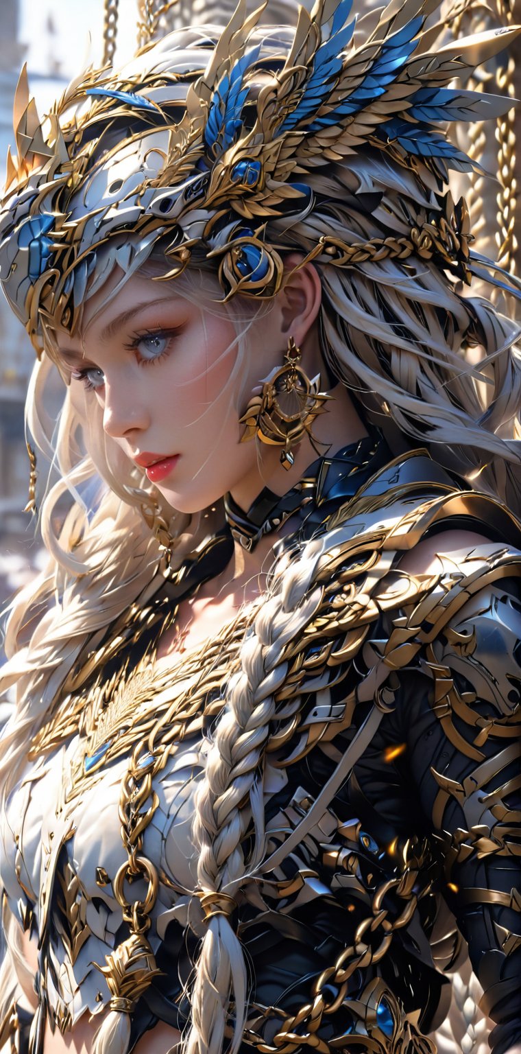 1girl, solo, long hair, blue eyes, jewelry, closed mouth, upper body, braid, earrings, sleeveless, lips, single braid, profile, chain, helmet, hair over shoulder, armlet, headpiece, valkyrie