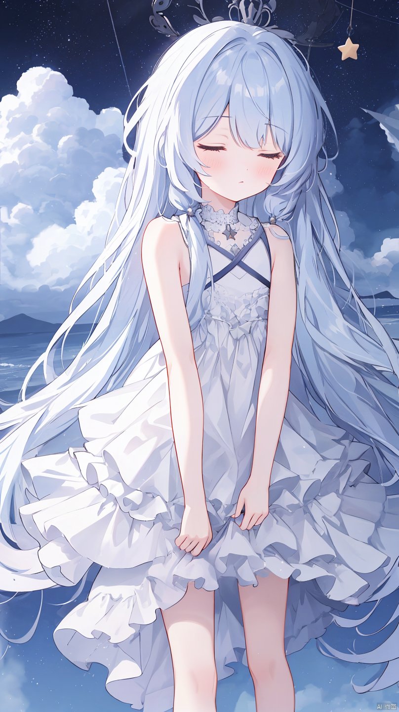 exusiai_dust,1girl, artist_name, bangs, bare_arms, bare_shoulders, closed_eyes, cloud, cloudy_sky, dress, full_body, long_hair, moon, night_sky, sky, sleeveless, solo, star_\(sky\), starry_sky, very_long_hair
