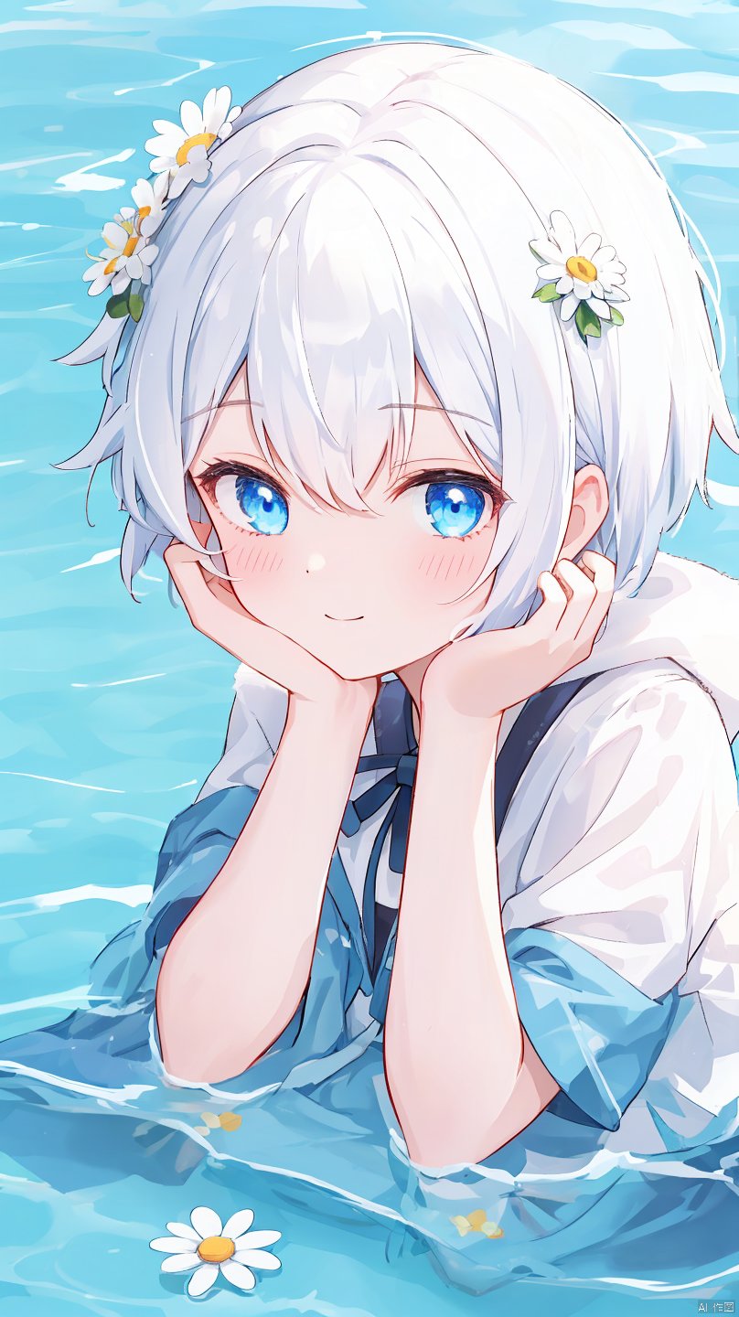 exusiai_dust,best quality,high quality,(colorful),[Artist onineko],[Artist chen bin],[Artist agwing86],[[Artist wlop]], 1girl, solo, flower, looking at viewer, white hair, blue eyes, white flower, water, closed mouth, partially submerged, short hair, smile, head rest, ripples, hands on own face, daisy, upper body