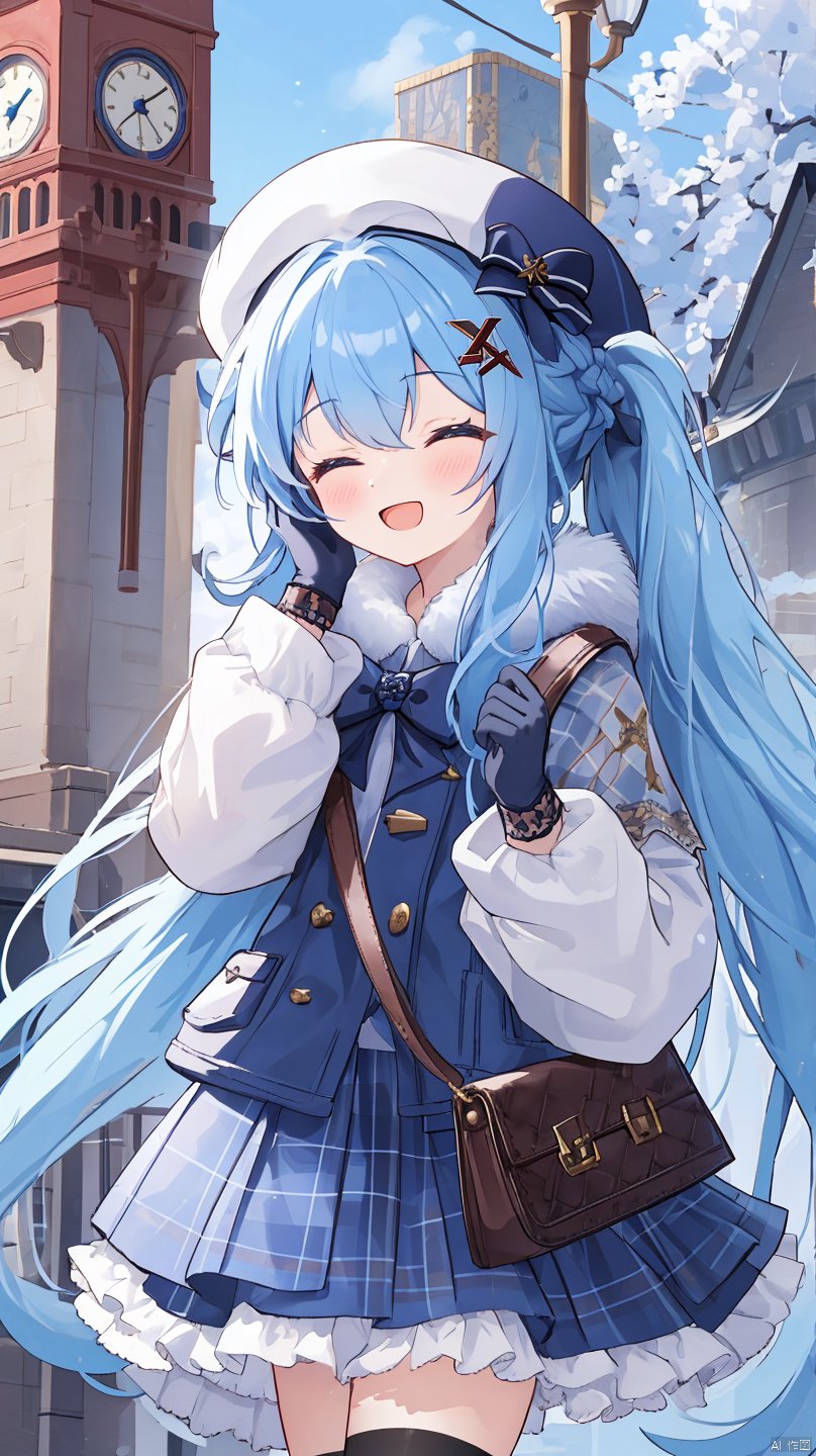 exusiai_dust,1girl,solo,long hair,blush,smile,open mouth,bangs,skirt,hair ornament,hat,gloves,long sleeves,bow,hair between eyes,very long hair,blue hair,closed eyes,:d,outdoors,hand up,bag,coat,plaid,fur trim,^ ^,beret,white headwear,x hair ornament,facing viewer,shoulder bag,clock,blue gloves,fur-trimmed sleeves,lamppost,clock towermed sleeves,lamppost,clocktower,masterpiece, best quality,1 girl, light linen blue sli, (Adjusting hair)