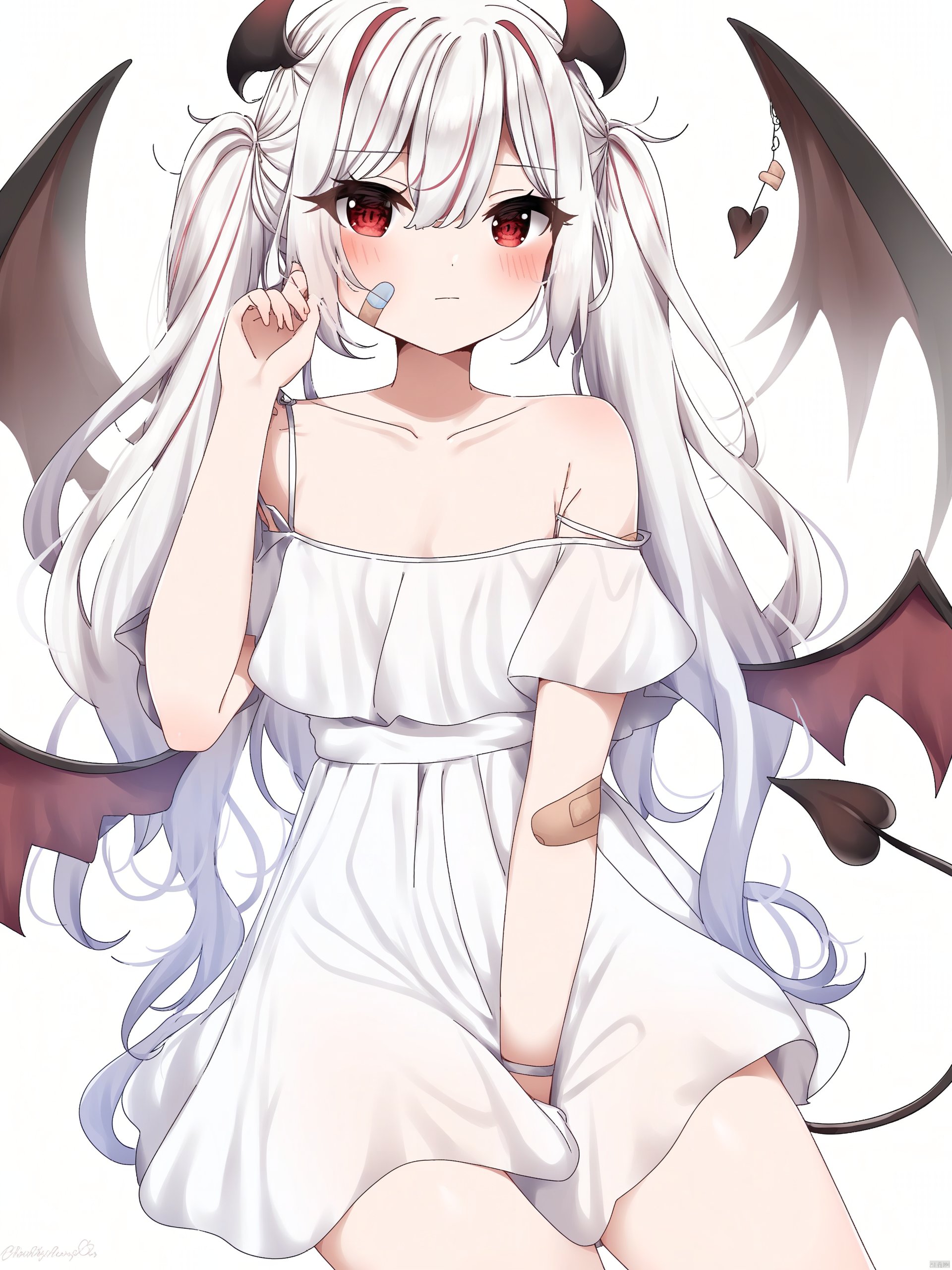 Best-A, e658d40f, 1girl, solo, dress, wings, white dress, long hair, demon tail, bandaid, closed mouth, bandaid on arm, off-shoulder dress, off shoulder, red eyes, bangs, hand up, bare shoulders, demon wings, tail, blush, twintails, very long hair, bandaid on cheek, collarbone, hair between eyes, white background, looking at viewer, bandaid on face, multicolored hair, low wings, head wings, white hair, demon girl, mini wings