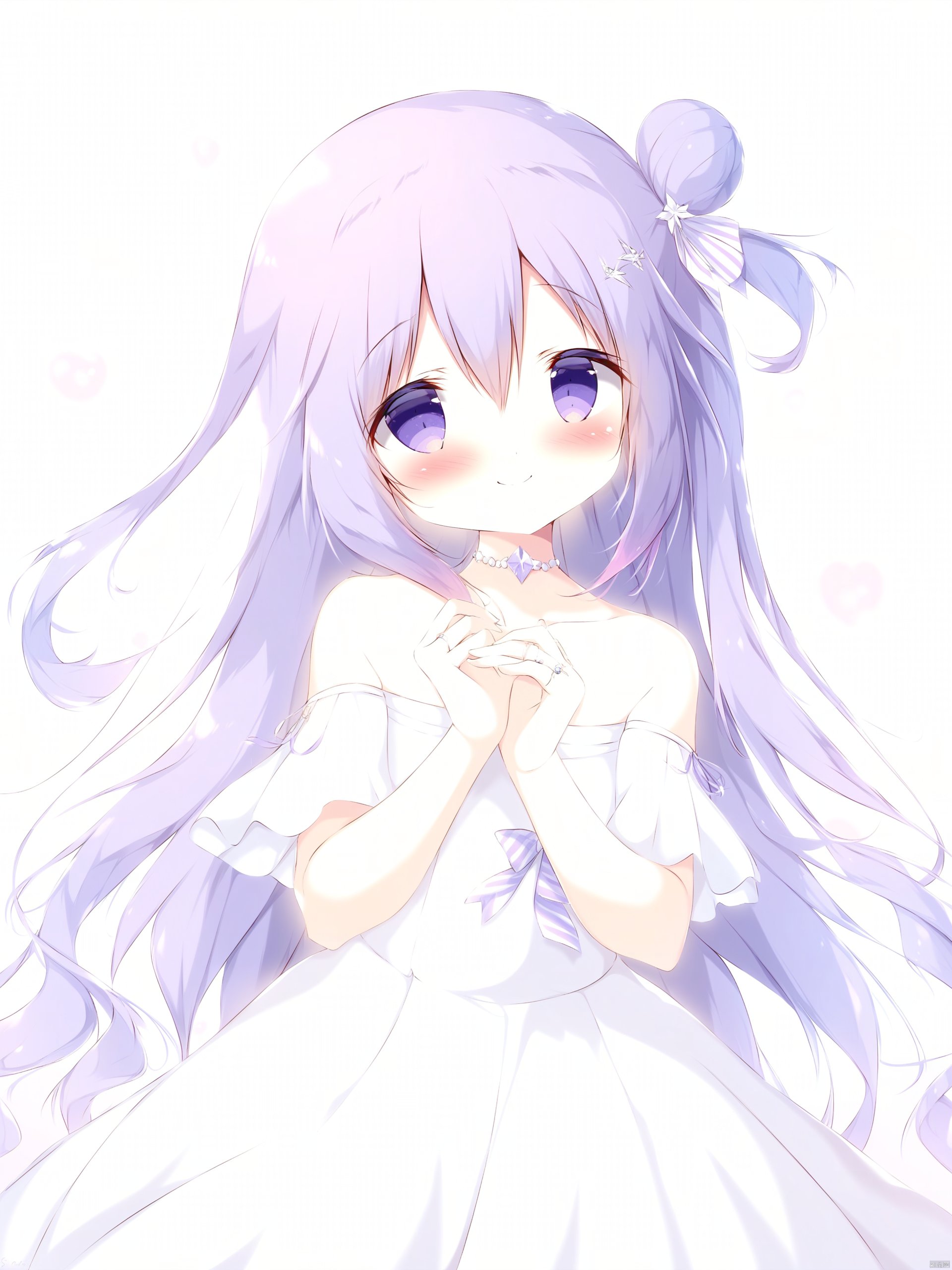 Best-A, 1dd748ec, 1girl, solo, long hair, purple eyes, dress, purple hair, blush, bow, smile, white background, single hair bun, hair bun, closed mouth, white dress, bare shoulders, unicorn \(azur lane\), hair bow, one side up, off shoulder, single side bun, simple background, off-shoulder dress, bangs, hands up, very long hair, hair between eyes, ring, striped bow, purple bow, striped, looking at viewer, wedding ring, jewelry, collarbone