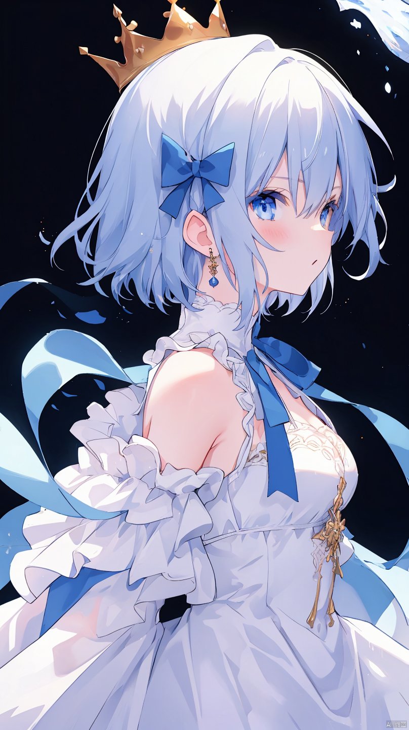 suisei_1121,1girl, solo, dress, weapon, white dress, crown, looking at viewer, sword, holding weapon, jewelry, blue eyes, short hair, earrings, holding sword, holding, bare shoulders, white hair, black background, from side, breasts, bangs, blue ribbon, artist name, neck ribbon, ribbon, closed mouth, medium breasts